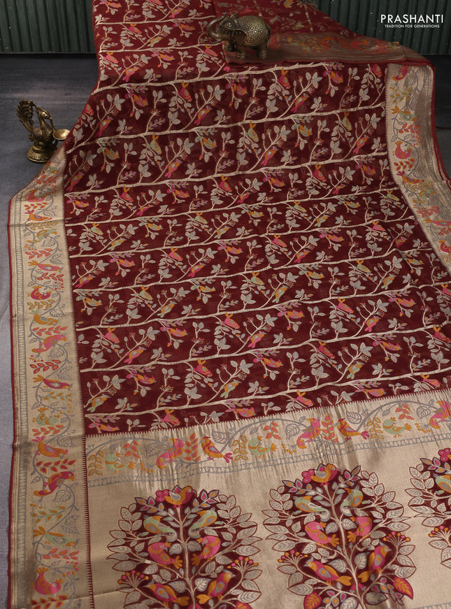 Art chiffon saree brown with allover birds weaves and zari woven border