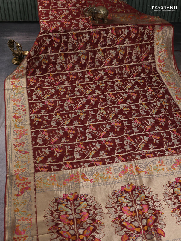 Art chiffon saree brown with allover birds weaves and zari woven border