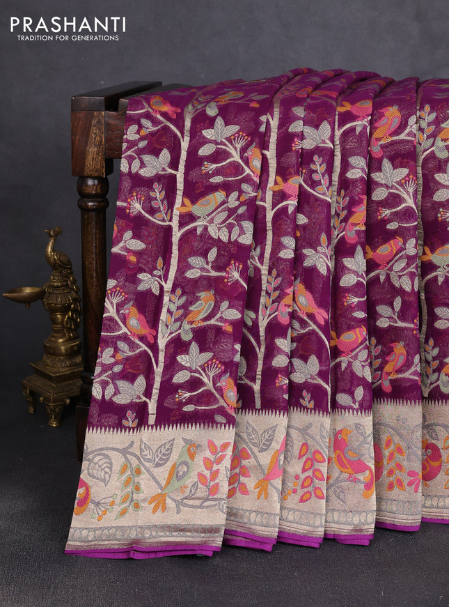 Art chiffon saree purple with allover birds weaves and zari woven border