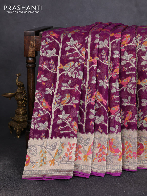Art chiffon saree purple with allover birds weaves and zari woven border