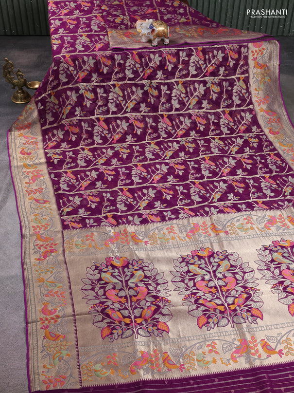 Art chiffon saree purple with allover birds weaves and zari woven border