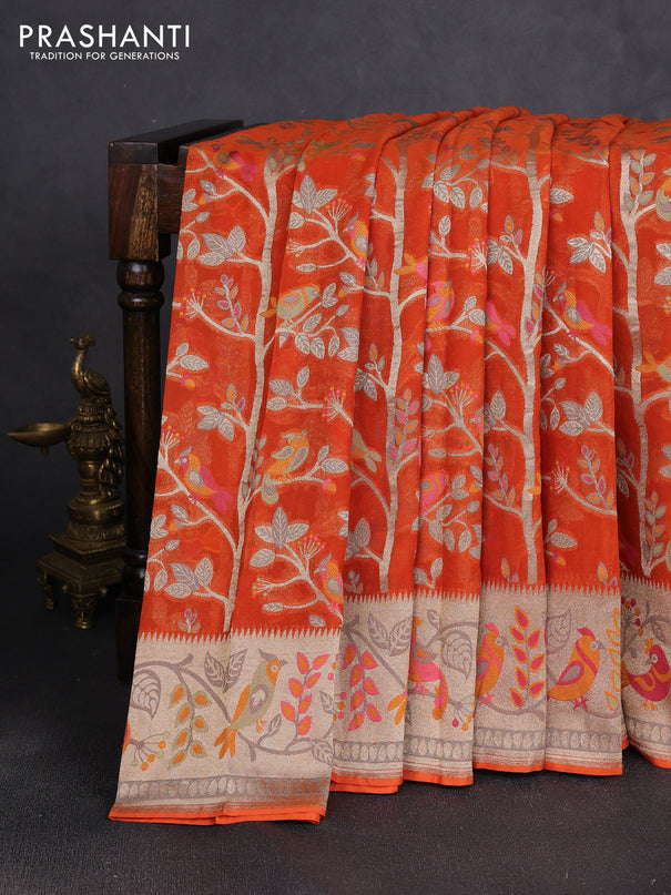 Art chiffon saree orange with allover birds weaves and zari woven border