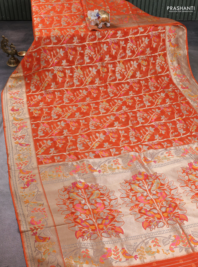 Art chiffon saree orange with allover birds weaves and zari woven border