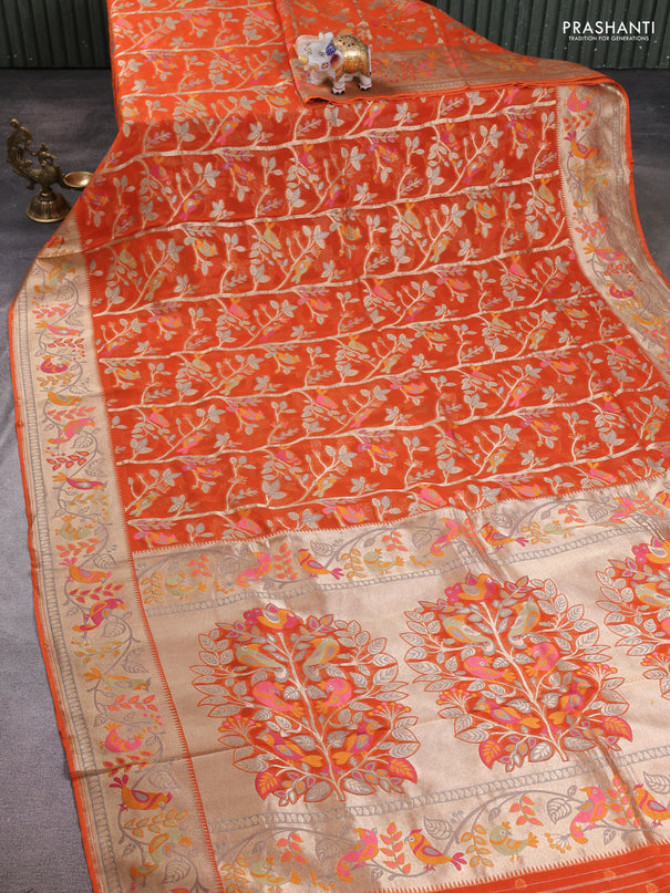 Art chiffon saree orange with allover birds weaves and zari woven border