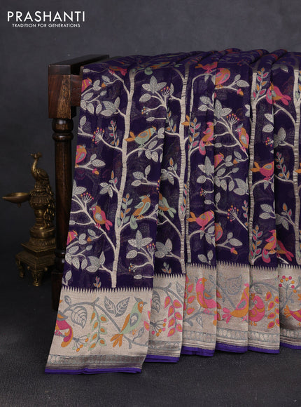 Art chiffon saree navy blue with allover birds weaves and zari woven border
