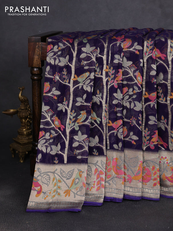 Art chiffon saree navy blue with allover birds weaves and zari woven border