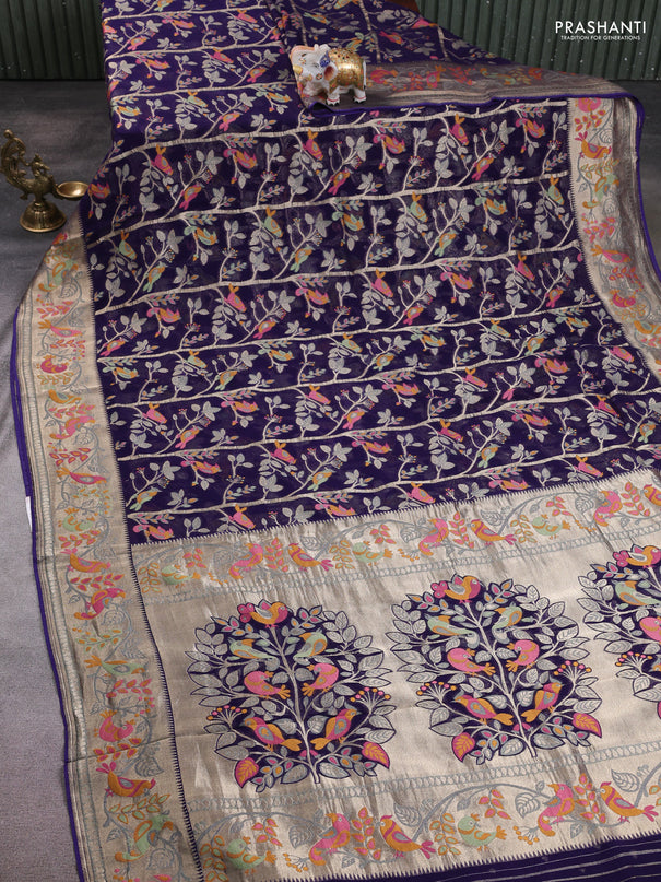 Art chiffon saree navy blue with allover birds weaves and zari woven border