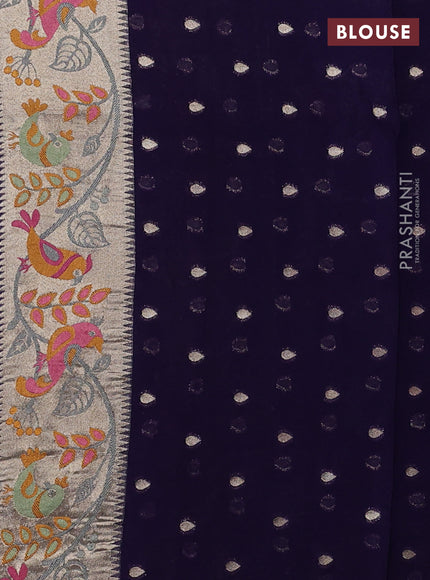Art chiffon saree navy blue with allover birds weaves and zari woven border