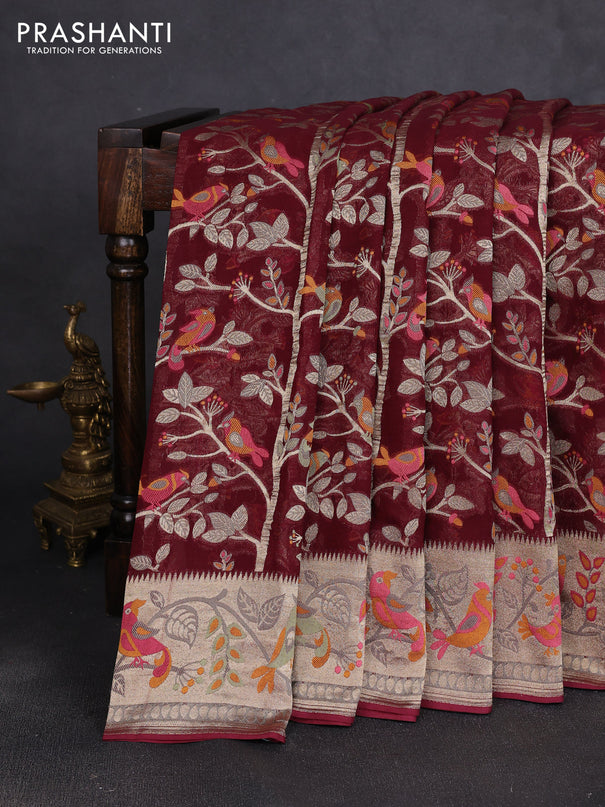 Art chiffon saree deep maroon with allover birds weaves and zari woven border
