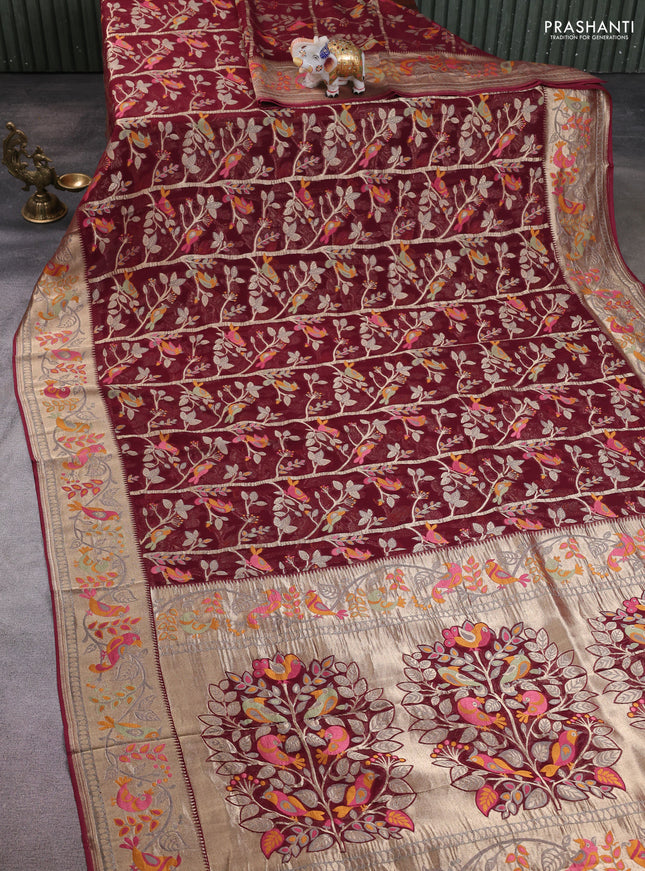 Art chiffon saree deep maroon with allover birds weaves and zari woven border