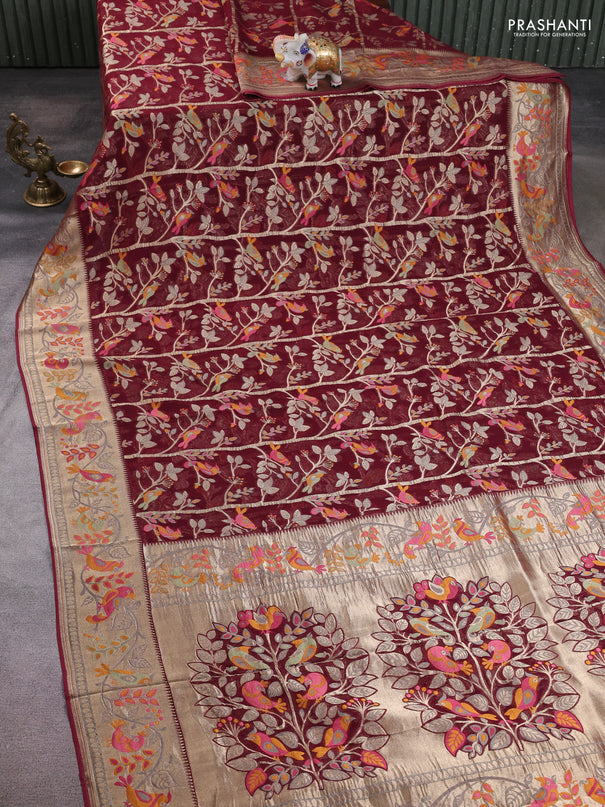 Art chiffon saree deep maroon with allover birds weaves and zari woven border
