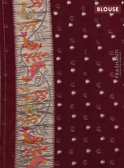 Art chiffon saree deep maroon with allover birds weaves and zari woven border