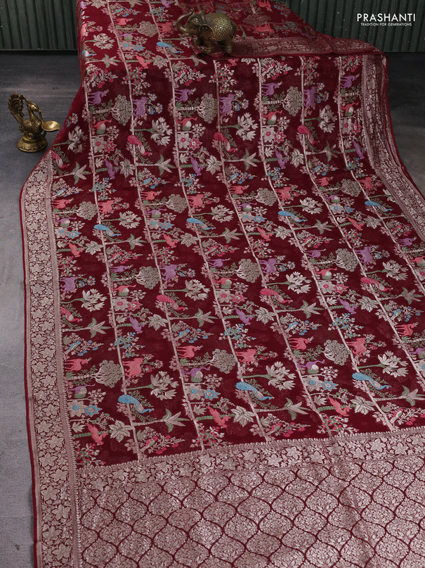 Art chiffon saree deep maroon with allover vanasingaram weaves and zari woven border