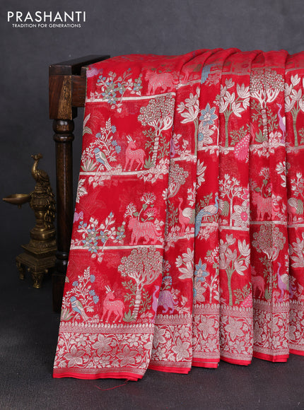 Art chiffon saree red with allover vanasingaram weaves and zari woven border