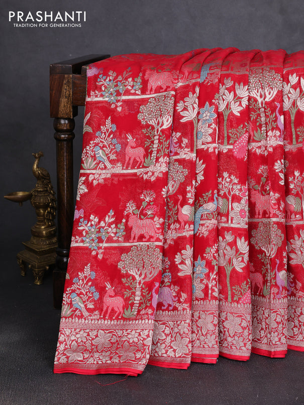 Art chiffon saree red with allover vanasingaram weaves and zari woven border