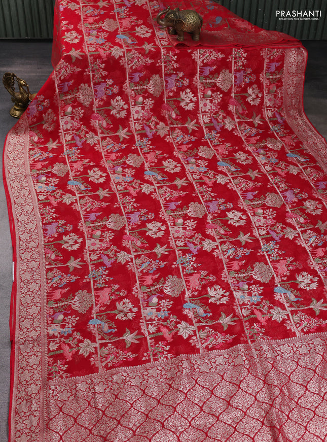 Art chiffon saree red with allover vanasingaram weaves and zari woven border