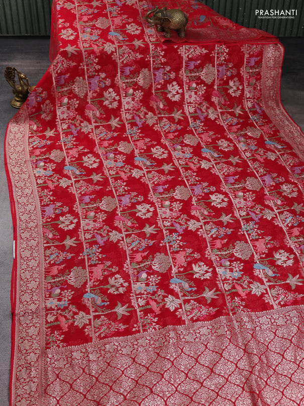 Art chiffon saree red with allover vanasingaram weaves and zari woven border
