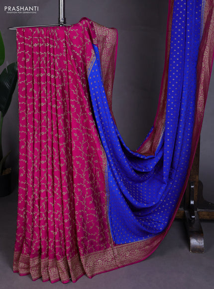 Banarasi crepe partly saree royal blue and pink with allover thread & zari woven buttas and woven border