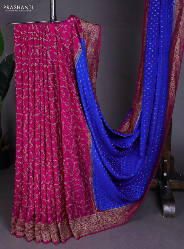 Banarasi crepe partly saree royal blue and pink with allover thread & zari woven buttas and woven border