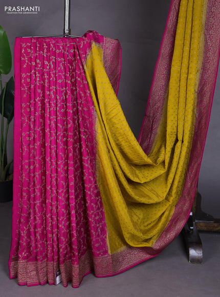 Banarasi crepe partly saree yellow and pink with allover thread & zari woven buttas and woven border