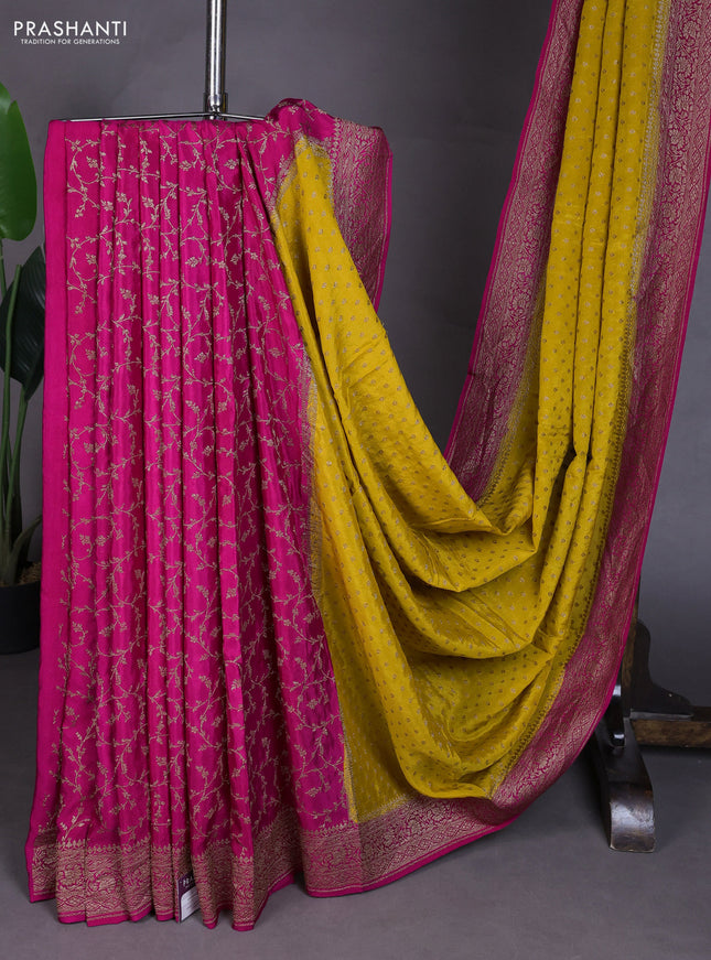 Banarasi crepe partly saree yellow and pink with allover thread & zari woven buttas and woven border