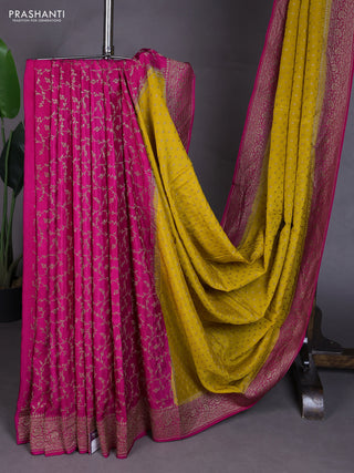 Banarasi crepe partly saree yellow and pink with allover thread & zari woven buttas and woven border