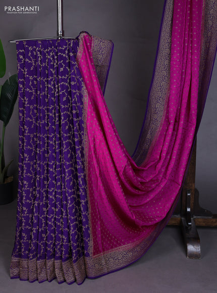 Banarasi crepe partly saree pink and violet with allover thread & zari woven buttas and woven border
