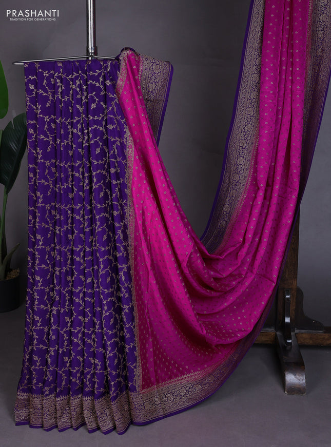 Banarasi crepe partly saree pink and violet with allover thread & zari woven buttas and woven border