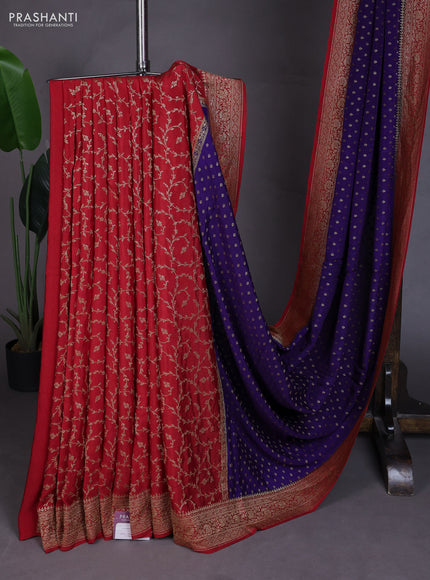 Banarasi crepe partly saree violet and red with allover thread & zari woven buttas and woven border