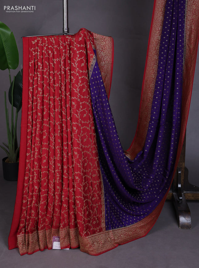 Banarasi crepe partly saree violet and red with allover thread & zari woven buttas and woven border