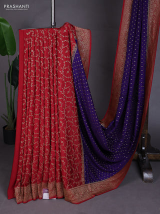 Banarasi crepe partly saree violet and red with allover thread & zari woven buttas and woven border