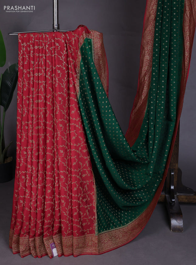 Banarasi crepe partly saree bottle green and red with allover thread & zari woven buttas and woven border