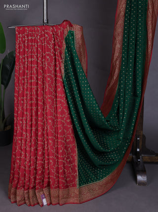 Banarasi crepe partly saree bottle green and red with allover thread & zari woven buttas and woven border