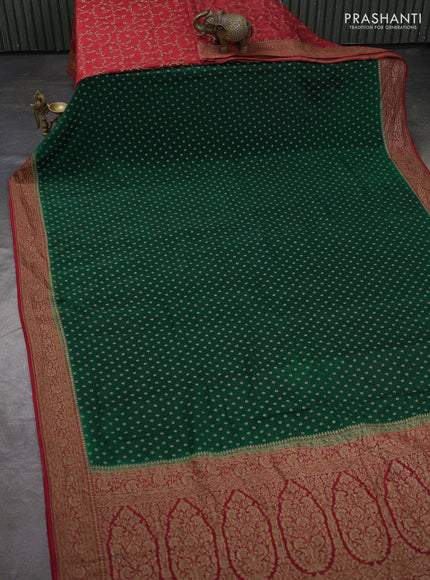 Banarasi crepe partly saree bottle green and red with allover thread & zari woven buttas and woven border
