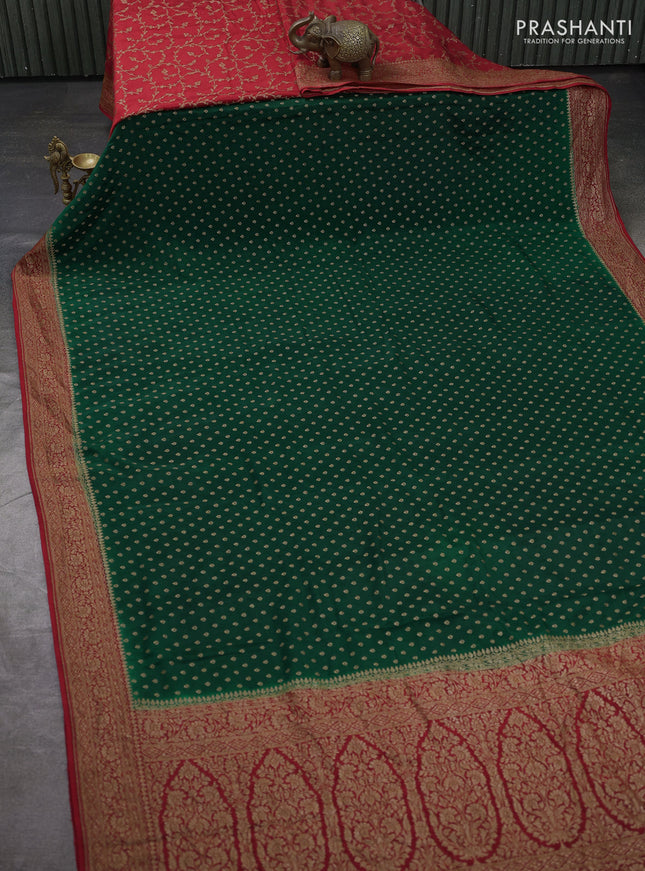 Banarasi crepe partly saree bottle green and red with allover thread & zari woven buttas and woven border