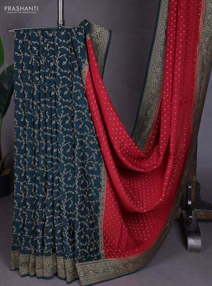 Banarasi crepe partly saree red and peacock green with allover thread & zari woven buttas and woven border