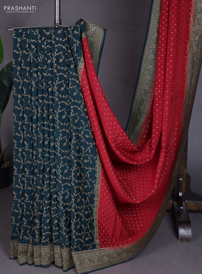 Banarasi crepe partly saree red and peacock green with allover thread & zari woven buttas and woven border