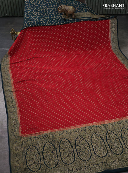 Banarasi crepe partly saree red and peacock green with allover thread & zari woven buttas and woven border