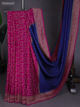 Banarasi crepe partly saree blue and pink with allover thread & zari woven buttas and woven border