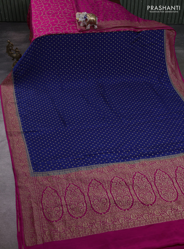 Banarasi crepe partly saree blue and pink with allover thread & zari woven buttas and woven border