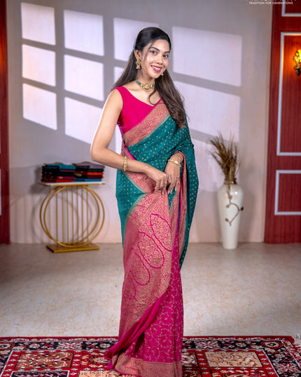 Banarasi crepe partly saree green and pink with allover thread & zari woven buttas and woven border