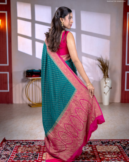 Banarasi crepe partly saree green and pink with allover thread & zari woven buttas and woven border