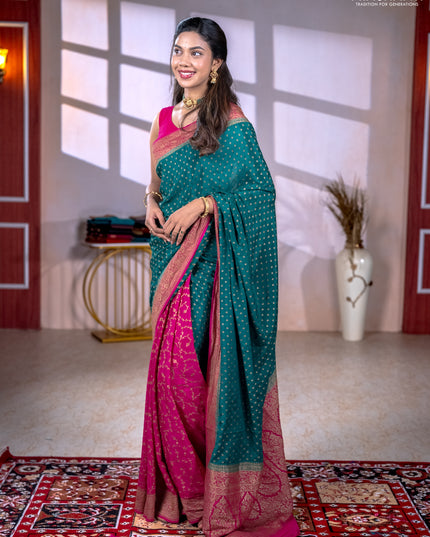 Banarasi crepe partly saree green and pink with allover thread & zari woven buttas and woven border