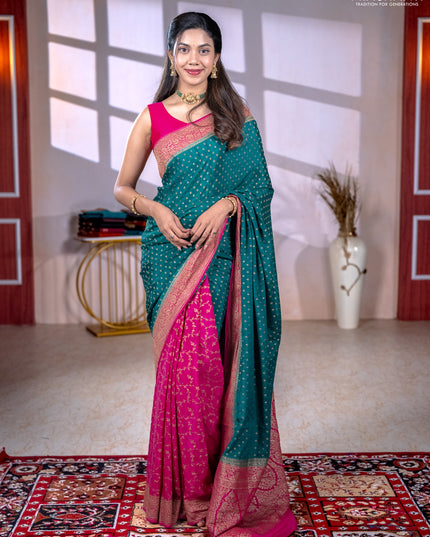 Banarasi crepe partly saree green and pink with allover thread & zari woven buttas and woven border
