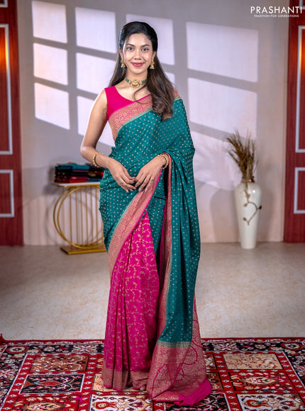 Banarasi crepe partly saree green and pink with allover thread & zari woven buttas and woven border