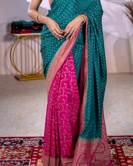 Banarasi crepe partly saree green and pink with allover thread & zari woven buttas and woven border