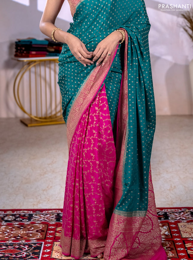 Banarasi crepe partly saree green and pink with allover thread & zari woven buttas and woven border