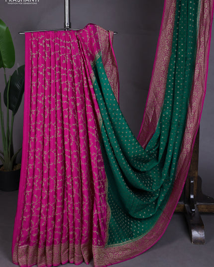 Banarasi crepe partly saree green and pink with allover thread & zari woven buttas and woven border