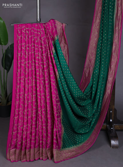 Banarasi crepe partly saree green and pink with allover thread & zari woven buttas and woven border