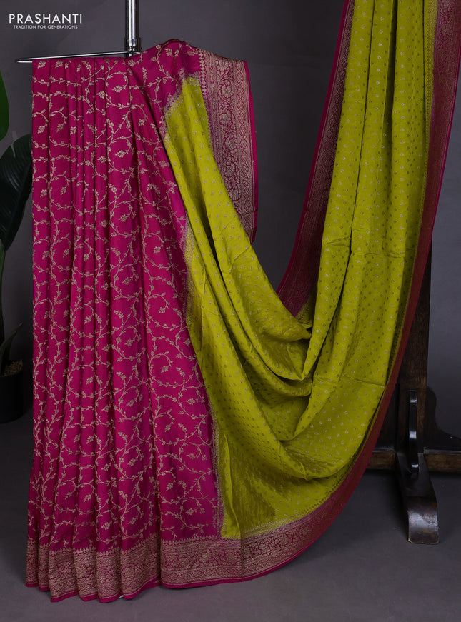 Banarasi crepe partly saree lime green and pink with allover thread & zari woven buttas and woven border